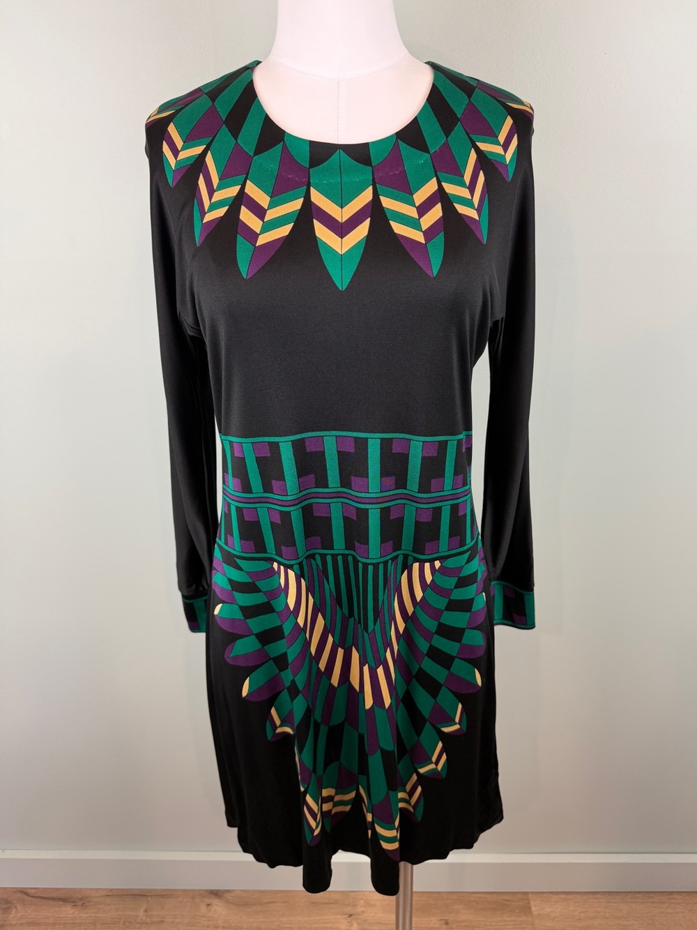Tory Burch Silk Black Long-Sleeve Geometric Print Dress size Large